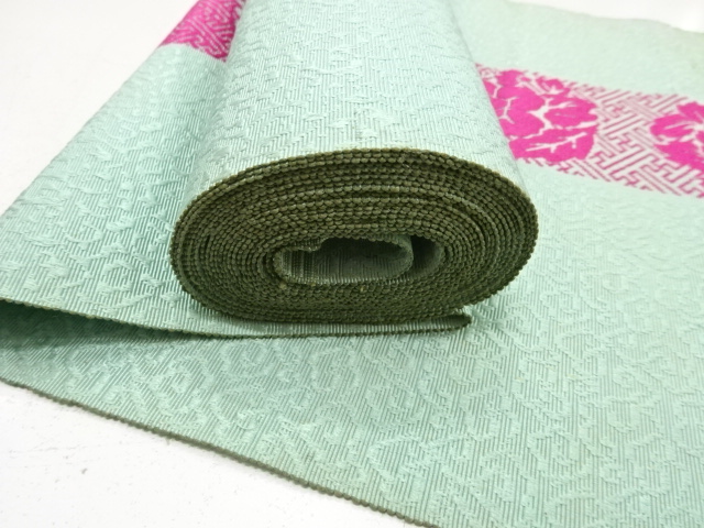  アンティーク　縞に牡丹模様織り出し　八寸帯地反物